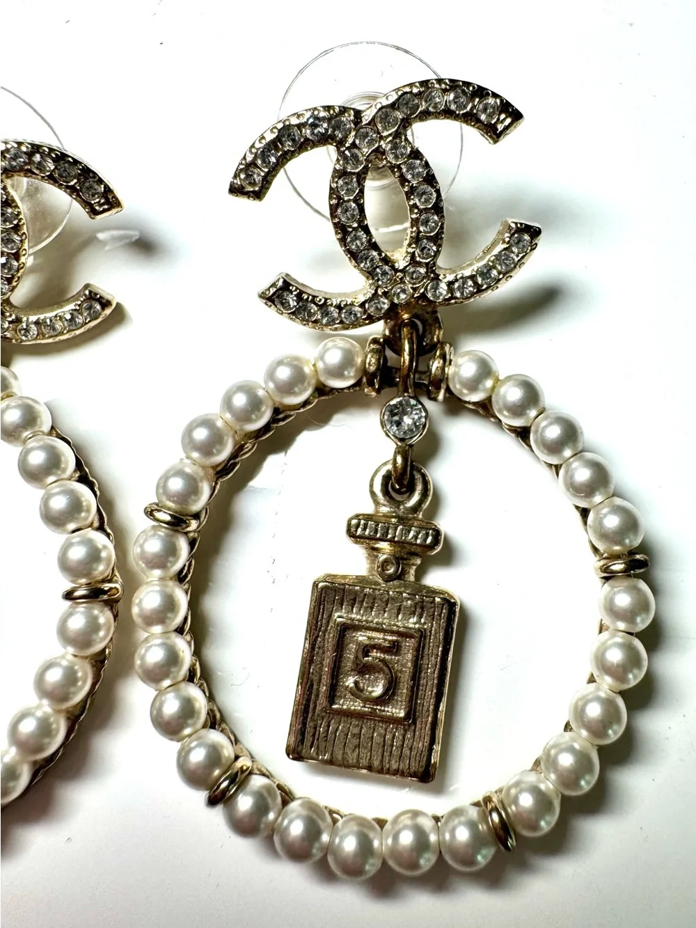 Chanel Crystal Pearl Chanel Charms CC Logo Drop Earrings in Gold W Box